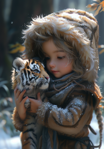 Cute little girl playing with tiger