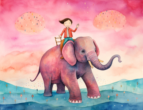 Girl riding pink elephant illustration