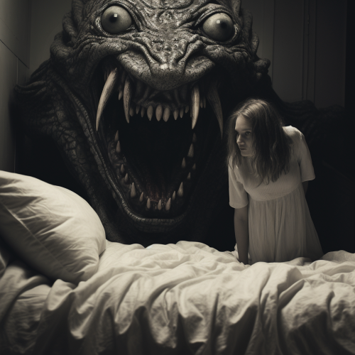 Girl on Bed with Monster Woman