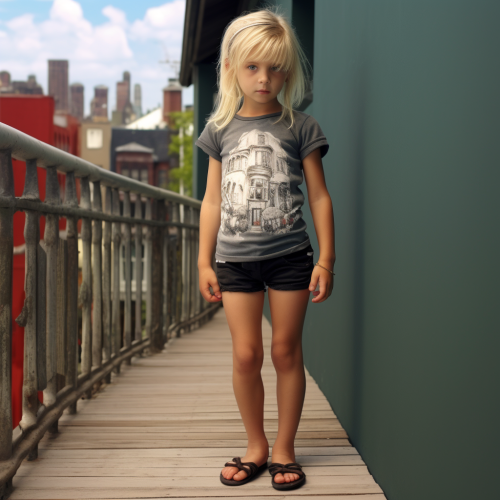 6-year-old girl on boardwalk in shorts and t-shirt