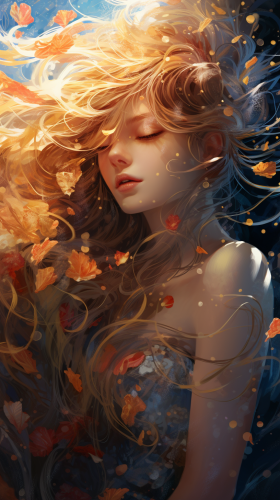 Girl with Burning Particles of Ice and Floating Hair