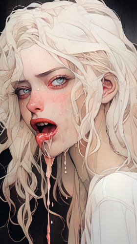 Seductive girl portrait with mouth dripping, Milo Manara style Seductive girl portrait with mouth dripping, Milo Manara style