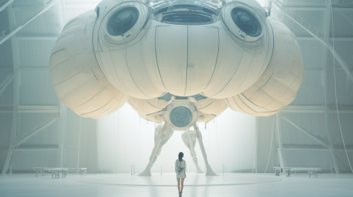 Girl in front of giant white spacecraft