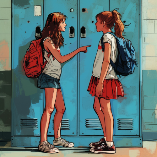 Girls pointing shoes near school locker