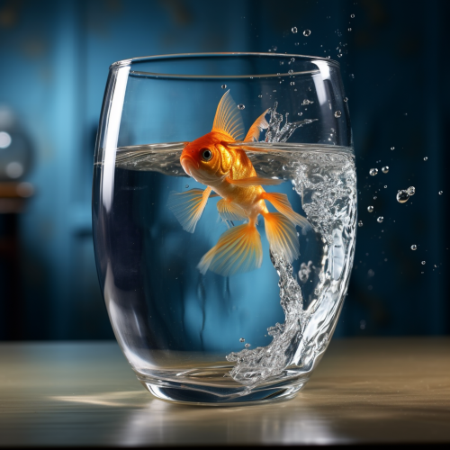 Glass water with canary and goldfish on table Glass water with canary and goldfish on table