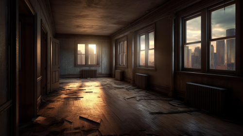 Gloomy apartment building interior scene