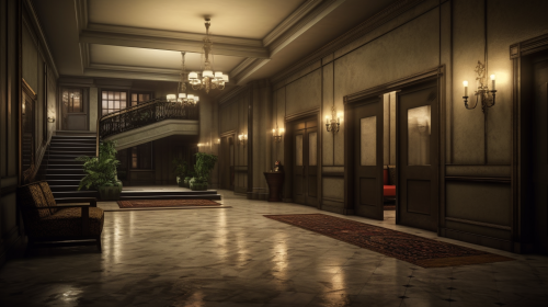Dark and somber apartment building lobby