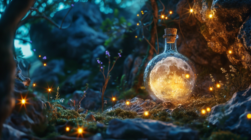Glowing moon in bottle with fairy lights