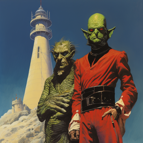 Goblin Artificier and Lizardman wearing Karate Outfit in front of a Dark Lighthouse