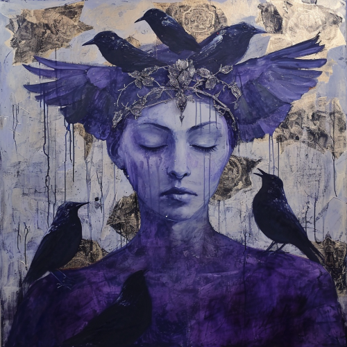 Primitivist painting of goddess with birds Primitivist painting of goddess with birds