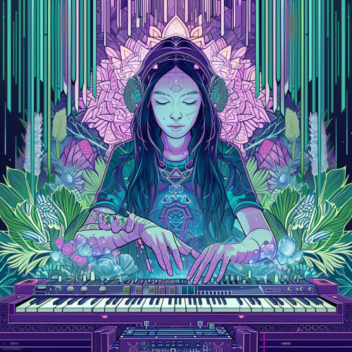 Goddess producing music on synth