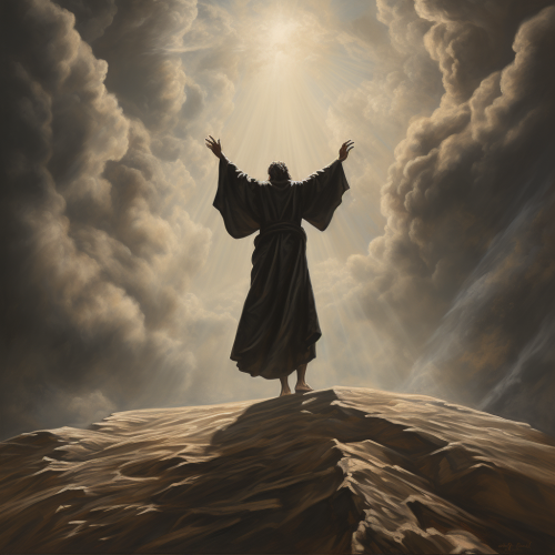Man in black robe reaching towards the sky