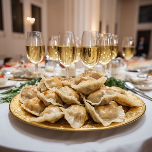 Exquisite gold dumplings on a table in a British celebration Exquisite gold dumplings on a table in a British celebration