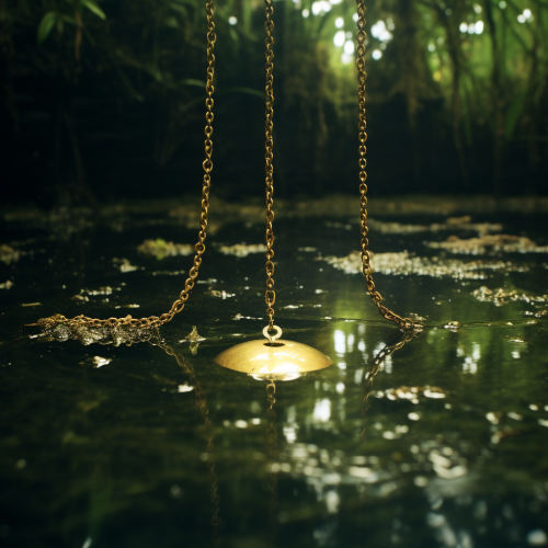 Glimmering gold necklace submerged in lake's depths Glimmering gold necklace submerged in lake's depths