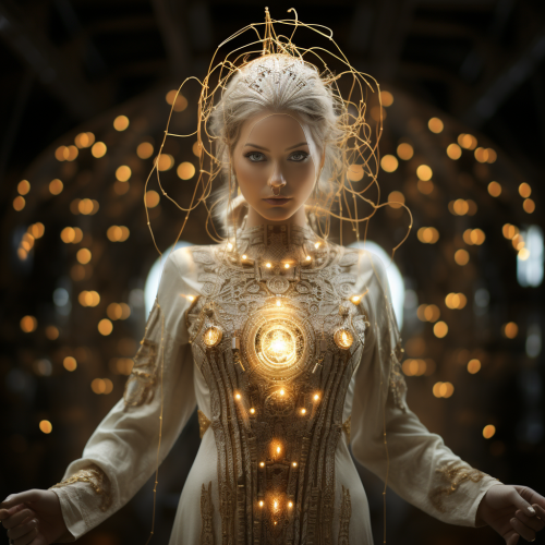 Golden Female Futuristic Doctor with Runic Embroideries Golden Female Futuristic Doctor with Runic Embroideries