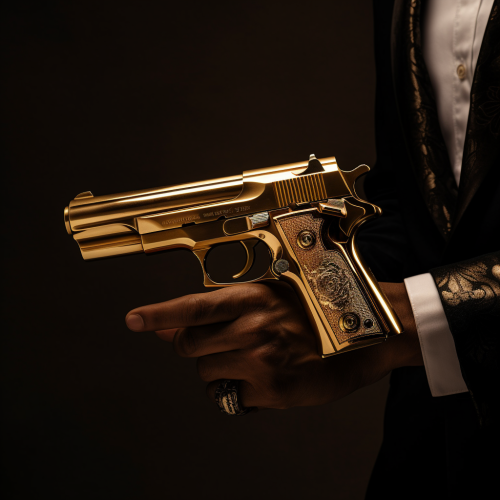 Realistic golden hand holding gold gun