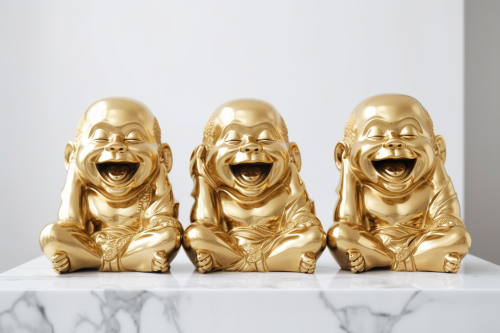 Three cute golden laughing budhas in different gestures