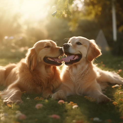Two Golden Retrievers sharing an affectionate moment
