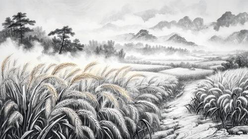 Chinese ink painting of golden wheat fields Chinese ink painting of golden wheat fields