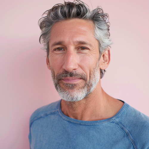 Attractive middle-aged man on pastel background