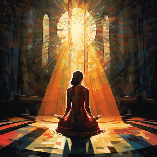 Woman praying in cathedral illustration