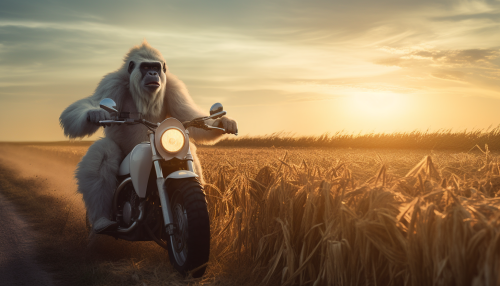 Gorilla riding motorcycle in Kansas sunset
