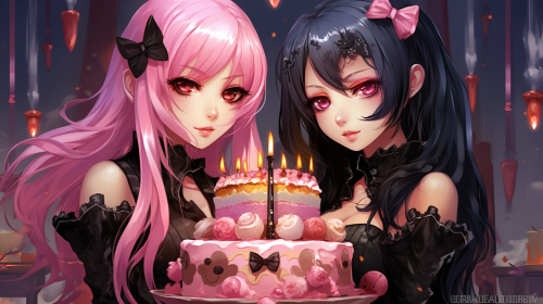 Two anime girls with goth and pink hair eating cake