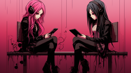 Anime-style goth and pink-haired girls on phone
