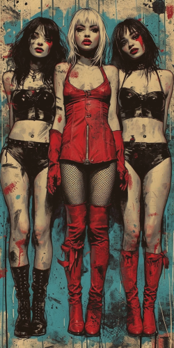 Three goth girls in thigh high boots and skin tight latex