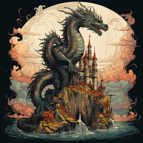Gothic dragon on medieval tower in valley Gothic dragon on medieval tower in valley