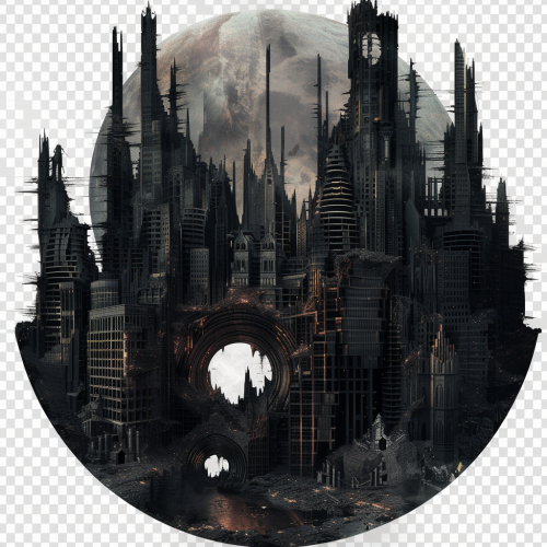 Gothic city symbol with dark skyscrapers and monstrous statues Gothic city symbol with dark skyscrapers and monstrous statues
