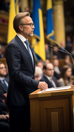 Swedish head of government giving speech Swedish head of government giving speech