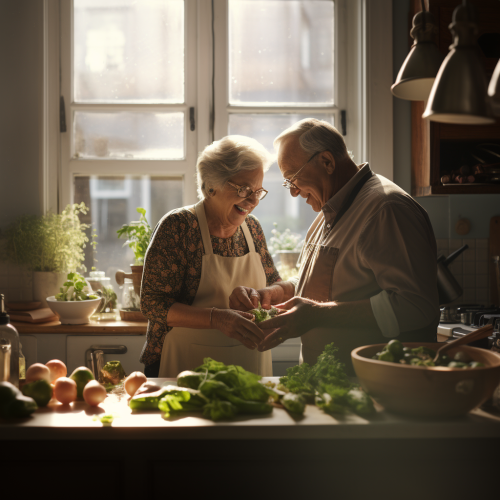 Grandparents cooking in kitchen with natural light Grandparents cooking in kitchen with natural light