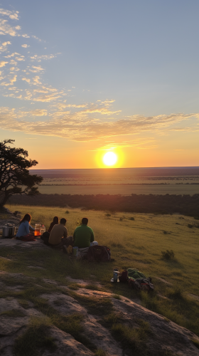 Family enjoying a campsite on a grassy mesa