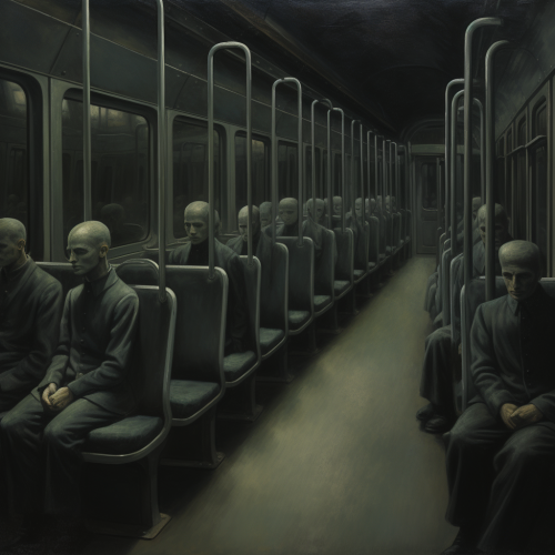 Densely seated gray figures in a midnight tram