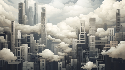 Gray sky with pixel art skyscrapers