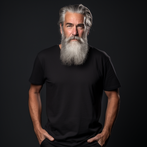 Gray bearded gentleman wearing blank black t-shirt mockup