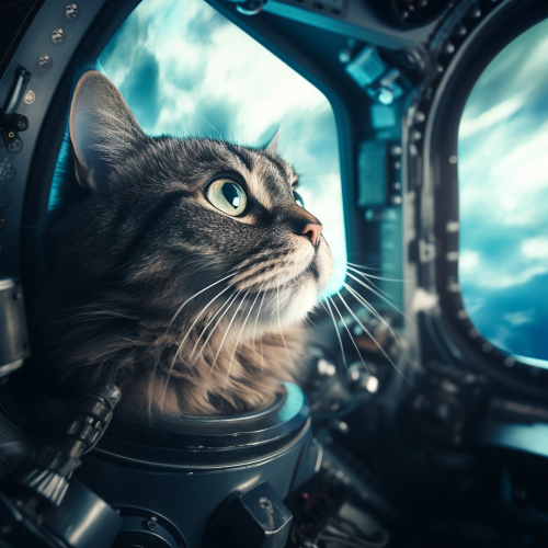 Gray cat in spaceship looking out