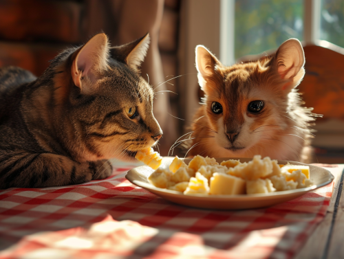 Grayscale cat and Hovawart eating on kitchen table Grayscale cat and Hovawart eating on kitchen table