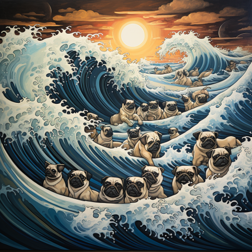 Adorable pugs riding a wave