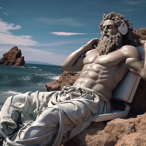 Colorful Greek sculpture of Zeus enjoying summer on the beach