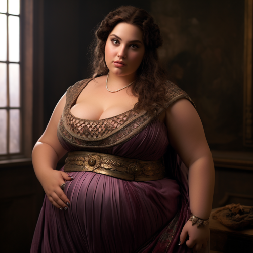 Beautiful woman in ancient Greece with fat belly