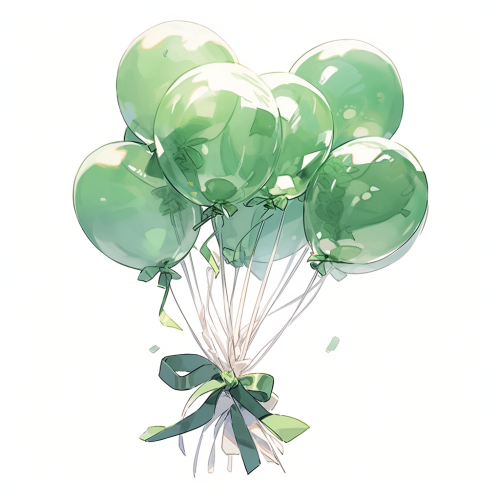 Green balloons tied together floating with intertwined ribbons