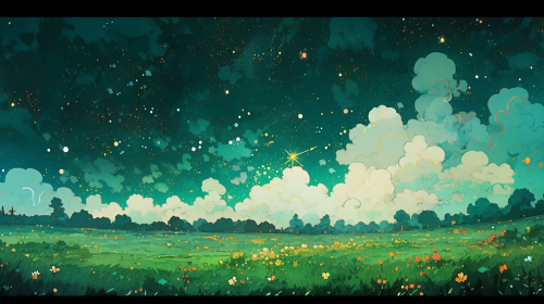 Green field with scattered clouds and stars Green field with scattered clouds and stars