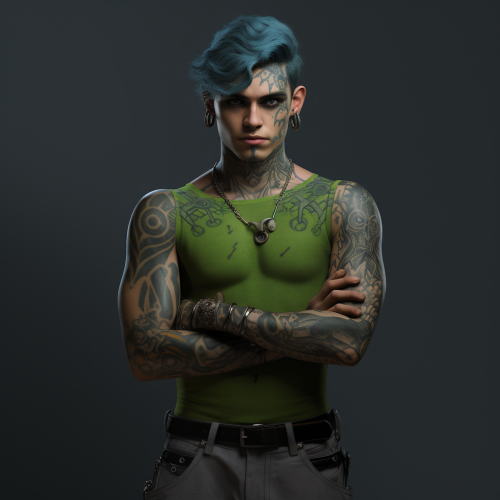 Green haired character with tattooed arm