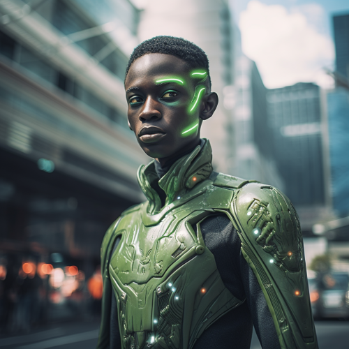 Portrait of Green Insectoid Man in Futuristic City Street