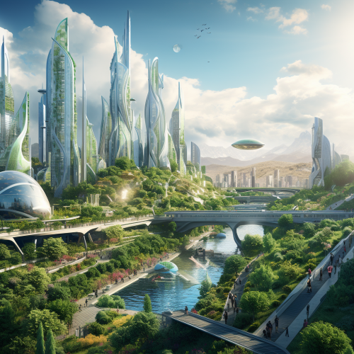 Futuristic Syth Punk Heroes in Green Nature Smart City Futuristic Syth Punk Heroes in Green Nature Smart City