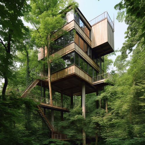 Green scientific treehouse surrounded by nature