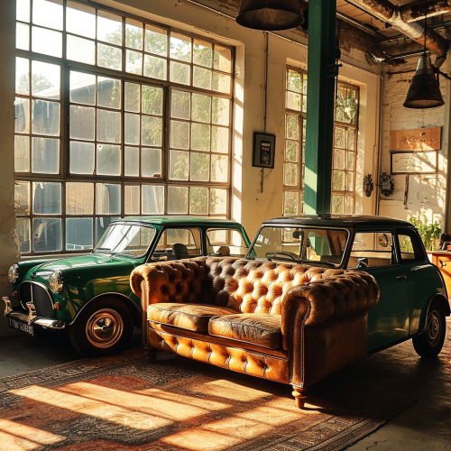 Stylish green vintage car in sunlit loft living room Stylish green vintage car in sunlit loft living room
