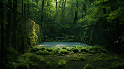 Green and White Tennis Court in Woodland
